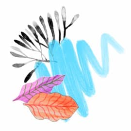 An abstract image with a blue brush stroke, two colorful leaves, and a feather-like structure.